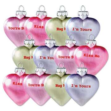 Lillian Vernon Pastel Candy Conversation Hearts Blown Glass Valentine’s Day Ornaments - Handcrafted Hanging Tree Decorations, Pastel Heart Holiday & Party Decor, 2.5 in, Assorted, 12-Piece Set