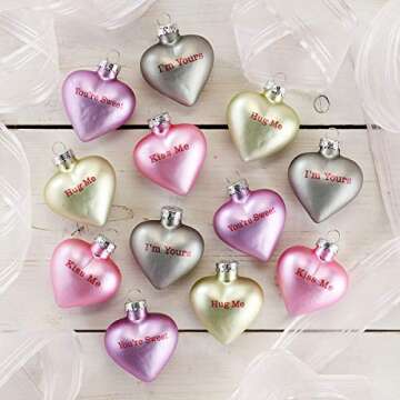 Lillian Vernon Pastel Candy Conversation Hearts Blown Glass Valentine’s Day Ornaments - Handcrafted Hanging Tree Decorations, Pastel Heart Holiday & Party Decor, 2.5 in, Assorted, 12-Piece Set