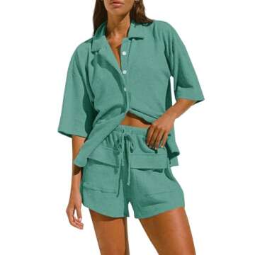 ARTFREE 2 Piece Pajama Sets for Women Summer Casual Lounge Short Sleeve Button Down Shirts and Shorts Beach Set with Pockets