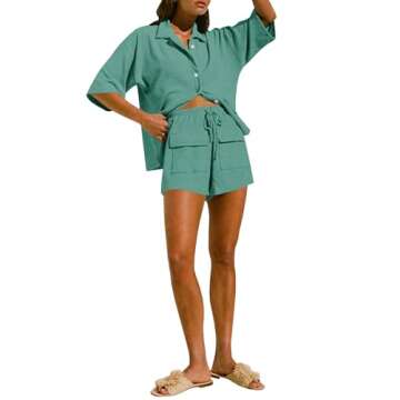 ARTFREE 2 Piece Pajama Sets for Women Summer Casual Lounge Short Sleeve Button Down Shirts and Shorts Beach Set with Pockets