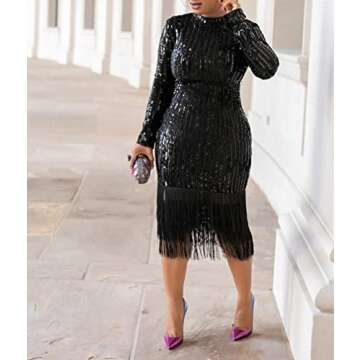 Cololura Sexy Elegant Women Sequin Long Sleeve Tassel Bodycon Midi Dress Party Evening Gown Formal Dress Black