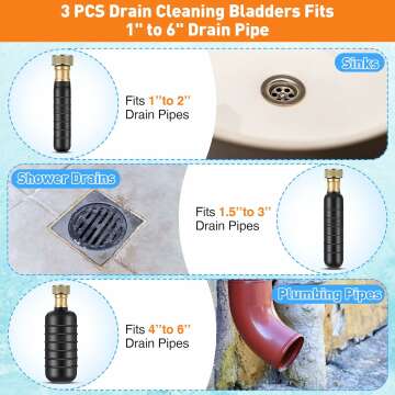 Enhon Drain Bladder Kit, 3 PCS Drain Cleaning Bladders Fits 1" to 6" Drain Pipe, Unclogs Stubborn Blockages in Main Drain & Sewer Line Bathroom Sinks, Shower, and Swimming Pool Drain with Water Power