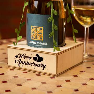 Personalized Wine Gift Box - Engraved & Blank Options for Birthdays, Anniversaries, Holidays, Housewarming - Leaf Design (Leaf, Happy Anniversary)