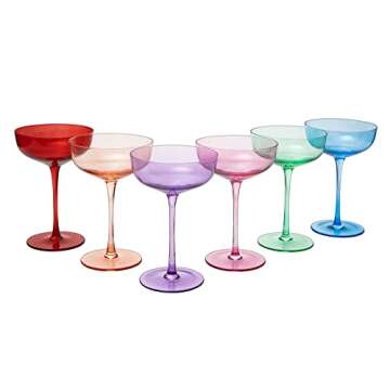 Colored Coupe Glasses - Martini , Cocktail & Champagne Glasses 7oz | Set of 6 | Cute & Colorful Pastel Colored Crystal Cocktail Glassware , Fun Classic Goblet Cocktails Glass, Stemmed Ripple Glassware