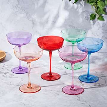 Colored Coupe Glasses - Martini , Cocktail & Champagne Glasses 7oz | Set of 6 | Cute & Colorful Pastel Colored Crystal Cocktail Glassware , Fun Classic Goblet Cocktails Glass, Stemmed Ripple Glassware