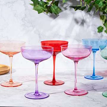 Colored Coupe Glasses - Martini , Cocktail & Champagne Glasses 7oz | Set of 6 | Cute & Colorful Pastel Colored Crystal Cocktail Glassware , Fun Classic Goblet Cocktails Glass, Stemmed Ripple Glassware