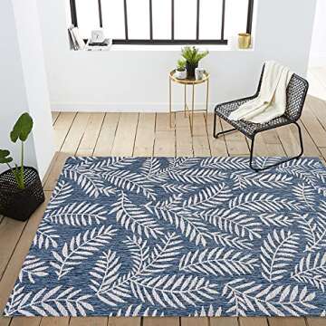 JONATHAN Y SMB119B-8 Nevis Palm Frond Indoor Outdoor Area-Rug Coastal Floral Easy-Cleaning Bedroom Kitchen Backyard Patio Non Shedding, 8 X 10, Navy/Ivory