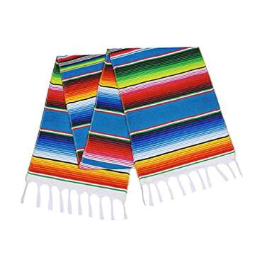 Fowecelt Mexican Serape Table Runner 14 x 84 Inch Hand-Woven Blanket Colorful Striped Mexican Table Runner Mexican Party Wedding Decorations, Fringe Cotton Table Runner