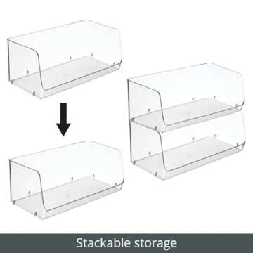 mDesign Modern Stackable Plastic Open Front Dip Extra Large Storage Organizer Bin Basket for Kitchen Organization, Shelf, Cubby, Cabinet, and Pantry Organizing Decor, Ligne Collection - 2 Pack - Clear