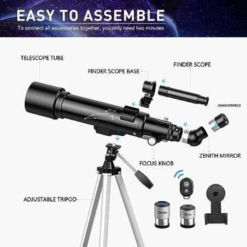 Qniuco Telescope, 70mm Aperture 600mm Telescopes for Adults Astronomy & Kids & Beginners, Portable Refracting Telescope with an Adjustable Tripod, a Bag, a Phone Adapter