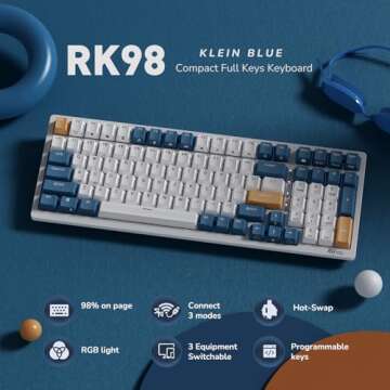 RK ROYAL KLUDGE RK98 Wireless Mechanical Keyboard, Triple Mode 2.4G/BT5.1/USB-C Hot Swappable Mechanical Keyboard with Number Pad, Pre-lubed Switches RGB Backlit Gaming Keyboard, Software Support