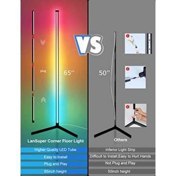 Corner Floor Lamp,65” Color Changing LED Floor Lamp with Music Sync,Modern Mood Lighting Corner Lamp with Remote & App Control, Creative DIY Mode & Timing,RGB Floor Lamp for Living Room Gaming Room