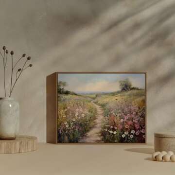 Gardenia Art Framed Flowers Path Art Prints Colorful Wildflower Field Wall Art Nature Spring Landscape Canvas Painting Vintage Floral Botanical Aesthetics Picture Farmhouse Home Wall Decor, 8x10 Inch