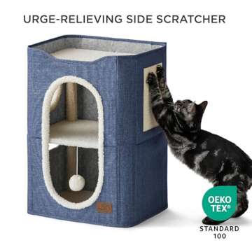 Bedsure 2-Level Cat House for Indoor Cats - Small Cat Towers with Scratch Pad and Hideaway Condo, Cat Cave Bed Furniture for Multi Pets and Large Cats, 18x14x23 inches, Blue