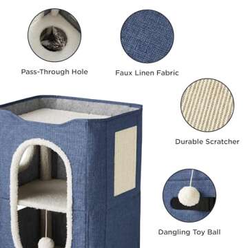 Bedsure 2-Level Cat House for Indoor Cats - Small Cat Towers with Scratch Pad and Hideaway Condo, Cat Cave Bed Furniture for Multi Pets and Large Cats, 18x14x23 inches, Blue