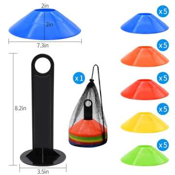 FGBNM 25/50/100/200 Pack Disc Cones, Agility Soccer Cones with Carry Bag and Holder, Soccer Cones for Sports Training, Football, Soccer, Basketball, Coaching, Practice Equipment, 5 Color (25 Pack)