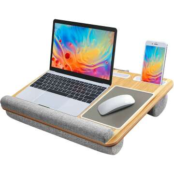 HUANUO Lap Desk - Fits up to 17 inches Laptop Desk, Built in Mouse Pad & Wrist Pad for Notebook, Laptop, Tablet, Laptop Stand with Tablet, Pen & Phone Holder (Wood Grain)