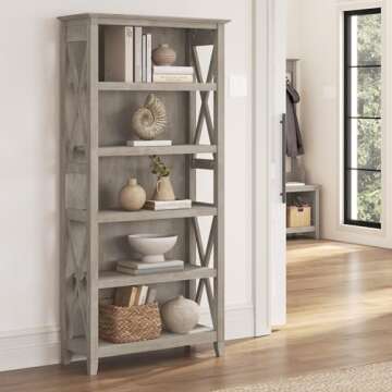 Bush Furniture Tall 5 Shelf Bookcase for Living Room or Home Office, Large Bookshelf, Modern Farmhouse Style, Key West Collection, Washed Gray