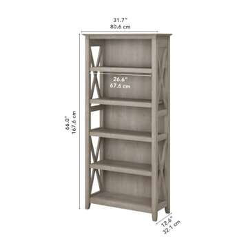 Bush Furniture Tall 5 Shelf Bookcase for Living Room or Home Office, Large Bookshelf, Modern Farmhouse Style, Key West Collection, Washed Gray