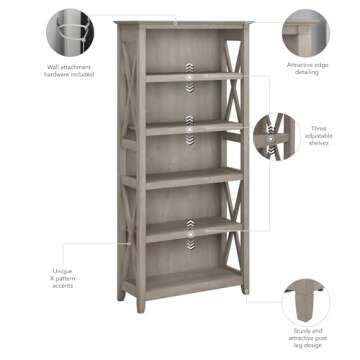 Bush Furniture Tall 5 Shelf Bookcase for Living Room or Home Office, Large Bookshelf, Modern Farmhouse Style, Key West Collection, Washed Gray