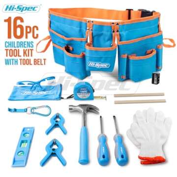 Hi-Spec 16pc Blue Kids Tool Kit Set & Child Size Tool Belt. Real Metal Hand Tools for DIY Building, Woodwork & Construction Learning Tool Kit for Kids