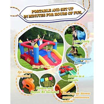 Action Air Bounce House, Inflatable Bouncer with Air Blower, Jumping Castle with Slide, Family Backyard Bouncy Castle, Durable Sewn with Extra Thick Material, Idea for Kids