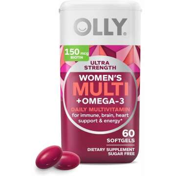 OLLY Ultra Women's Multi Softgels, Overall Health and Immune Support, Omega-3s, Iron, Vitamins A, D, C, E, B12, Daily Multivitamin, 30 Day Supply - 60 Count