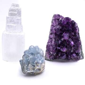 Dancing Bear Amethyst Cluster Cut Base (up to ½ lb), Celestite, & Selenite Tower (3" Tall), Healing Crystal (3 Pc Set) Premium Grade A, Bohemian Home Décor, Natural Good Vibes, Metaphysical Info Cards