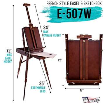 U.S. Art Supply Coronado Walnut Easel, Large Adjustable Wooden French Style Field and Studio Sketchbox Tripod Easel with Drawer, Artist Wood Palette, Premium Beechwood, Painting, Sketching Stand