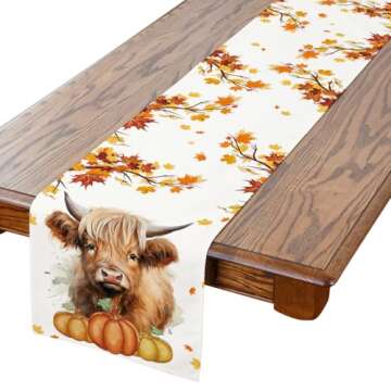 Siilues Fall Table Runner, Cow Pumpkin Watercolor Fall Runner for Table Fall Decorations Seasonal Fall Thanksgiving Holiday Decor for Indoor Outdoor Dining Table Decorations (13'' x 72'')