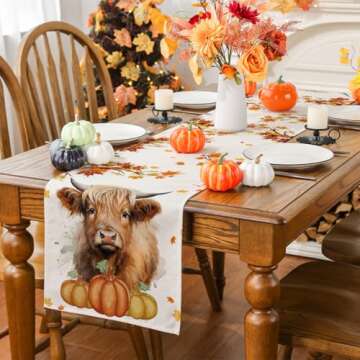 Siilues Fall Table Runner, Cow Pumpkin Watercolor Fall Runner for Table Fall Decorations Seasonal Fall Thanksgiving Holiday Decor for Indoor Outdoor Dining Table Decorations (13'' x 72'')