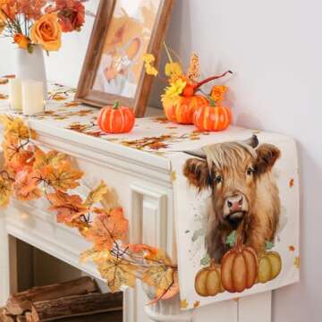 Siilues Fall Table Runner, Cow Pumpkin Watercolor Fall Runner for Table Fall Decorations Seasonal Fall Thanksgiving Holiday Decor for Indoor Outdoor Dining Table Decorations (13'' x 72'')