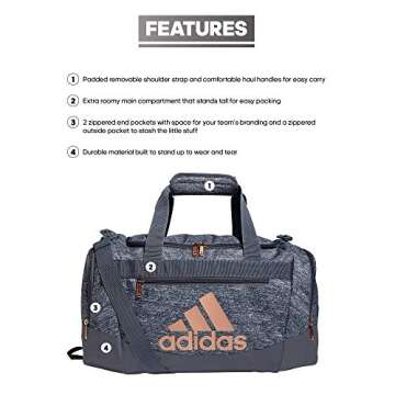 adidas Unisex Adult Defender 4.0 Duffel, Durable Athletic Sports Gym Travel Bag for Men and Women, Jersey Onix Grey/Rose Gold/Onix Grey, Small (38 L)