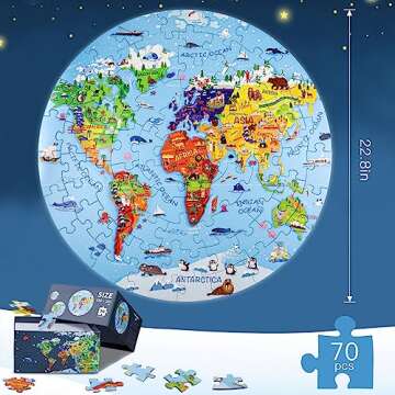 DIGOBAY World Map Jigsaw Puzzle for Kids 4-8, 70 Piece Large Round Floor Puzzles for Kids Ages Toddler Puzzle Globe Geography Games Educational Toys Birthday for Children