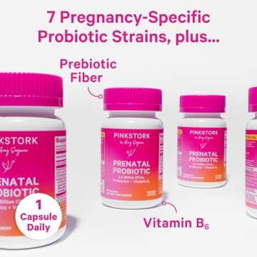 Pink Stork Prenatal Probiotics for Women with Vitamin B6 and Prebiotics - Morning Sickness, Gut Microbiome, and Immune Support - Pregnancy Probiotic - Pregnancy Must Haves, 30 Capsules