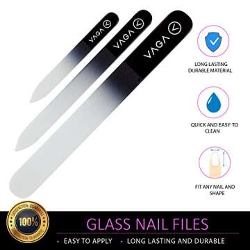 VAGA Genuine Crystal Glass Nail File Set of 3PC Premium Nail Care Crystals Glass Nail Files in Black Colors, Used for Manicure, Pedicure, Nail Strengthener, Nail Buffer for Natural and Acrylic Nails