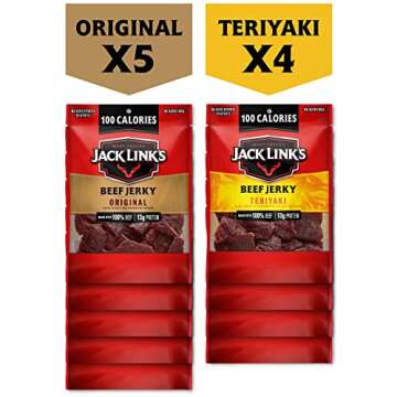 Jack Link's Beef Jerky Variety - Includes Original and Teriyaki Flavors, On the Go Snacks, 13g of Protein Per Serving, 9 Count of 1.25 Oz Bags (Pack of 1)