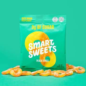 SmartSweets Peach Rings, Low Sugar Gummy Candy (3g), Low Calorie (130), Gluten-Free -1.8oz (Pack of 12) Packaging may vary