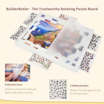 BuilderButler Rotating Puzzle Board for 1500 Pieces with 6 Sliding Drawers and Cover – 360° Lazy Susan Spinning, 26"x35" Portable Plastic Puzzle Table, Christmas Gift for Mom Jigsaw Puzzle Enthusiasts