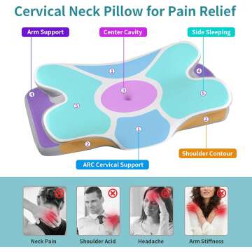 Cervical Neck Pillow for Pain Relief - Contour Memory Foam Pillows with Cooling Pillowcase, Neck Support Pillows for Sleeping, Ergonomic Orthopedic Pillow for Side, Back, Stomach Sleepers (White)