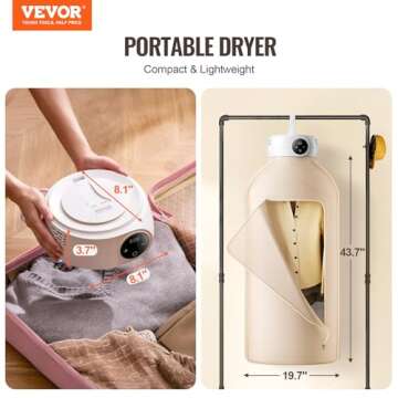 VEVOR Portable Clothes Dryer, Clothes Dryer with Dryer Bag, PTC Heating & LED Display, Foldable Mini Dryer with 5-H Timer for Apartments, Dorms, RVs, or Hotels, 600W, Beige