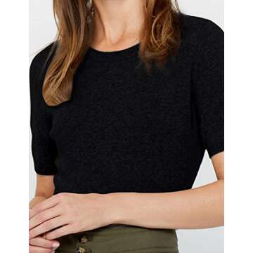 State Cashmere Women’s Essential Short Sleeve Crewneck Sweater 100% Pure Cashmere Classic Tee Pullover (Black, Large)