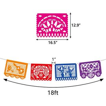 DomeStar Mexican Party Banner, 18 Feet Plastic Fiesta Banner Cinco de Mayo Dia De Los Muertos Decor Day of The Dead Papel Picado Decorations Mexican Fiesta Garland for Mexican Party Supplies