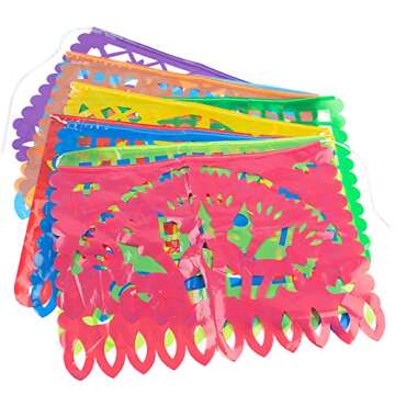 DomeStar Mexican Party Banner, 18 Feet Plastic Fiesta Banner Cinco de Mayo Dia De Los Muertos Decor Day of The Dead Papel Picado Decorations Mexican Fiesta Garland for Mexican Party Supplies