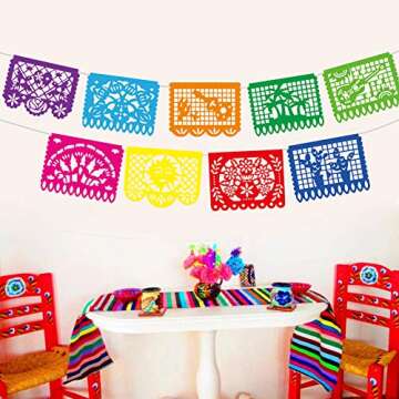 DomeStar Mexican Party Banner, 18 Feet Plastic Fiesta Banner Cinco de Mayo Dia De Los Muertos Decor Day of The Dead Papel Picado Decorations Mexican Fiesta Garland for Mexican Party Supplies