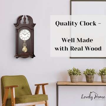 Pendulum Wall Clock Battery Operated - Hanging Grandfather Wall Clock with Pendulum - Quiet, Wood Pendulum Clock - Wooden Pendulum Wall Clock for Living Room Decor, Office & Home Décor Gift 23.5x9