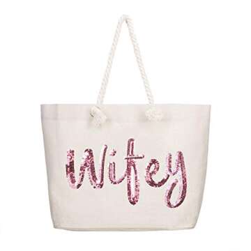 ELEGANTPARK Wifey Wedding Bride Tote Bridal Shower Gifts for Engagement Wedding Party Honeymoon Beach Shoulder Bag with Rose Gold Sequin with Interior Pocket Jute