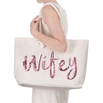 ELEGANTPARK Wifey Wedding Bride Tote Bridal Shower Gifts for Engagement Wedding Party Honeymoon Beach Shoulder Bag with Rose Gold Sequin with Interior Pocket Jute