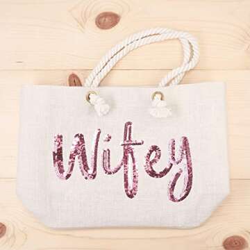 ELEGANTPARK Wifey Wedding Bride Tote Bridal Shower Gifts for Engagement Wedding Party Honeymoon Beach Shoulder Bag with Rose Gold Sequin with Interior Pocket Jute