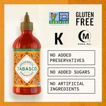 TABASCO® Brand Buffalo Style Sauce, Medium Hot Sauce, Easy-to-Squeeze Bottle, Thick & Tangy, Five Simple Ingredients, Great on Chicken Party Wings & More, 8.6 Fl Oz (Pack of 1)